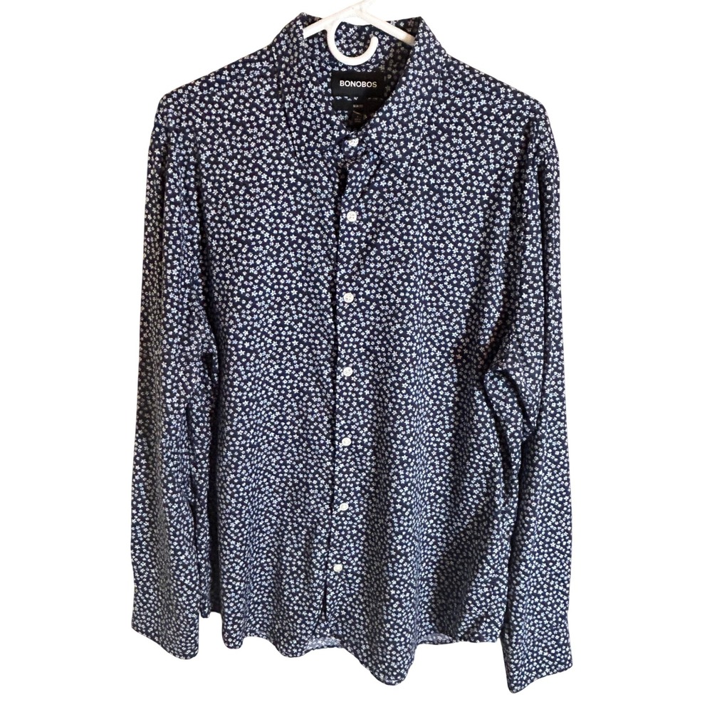 Bonobos Button Down Shirt Mens L Navy Floral Slim Fit Long Sleeve